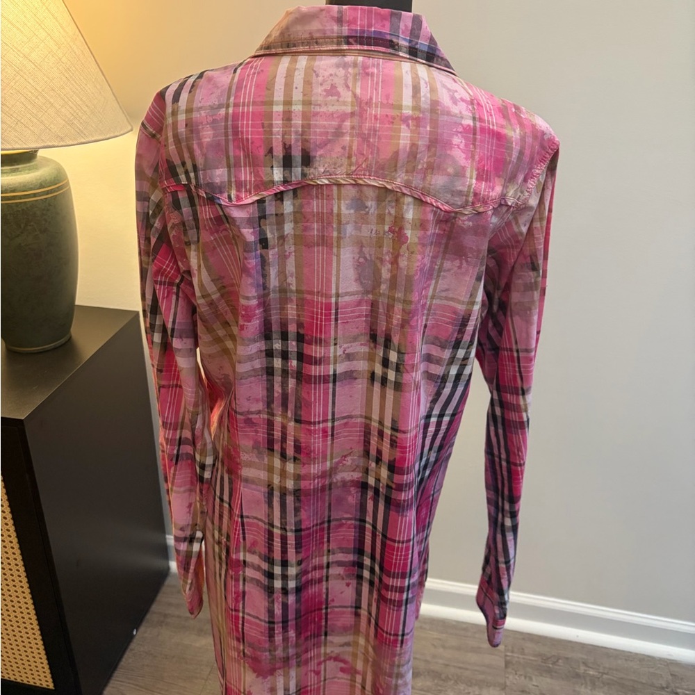 A Rare Bird Handmade Plaid Rhinestone Western Pearl Snap Shirt Dress Size M/L - Picture 7 of 16
